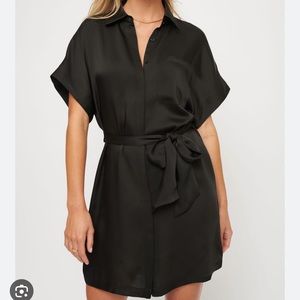 Dynamite Black Satin Button Up Shirt Belted Dress